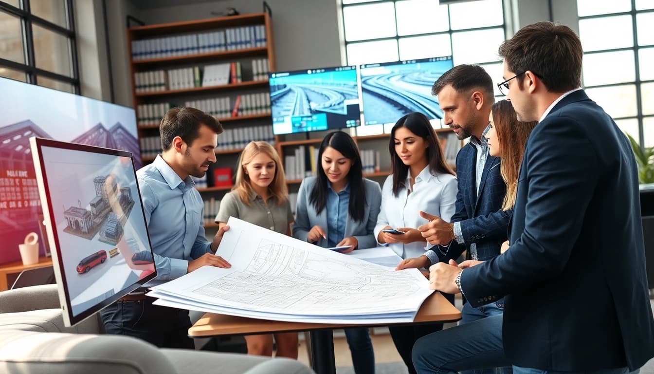 Team of Railroad Design Consultants collaborating on innovative rail projects in a modern office.