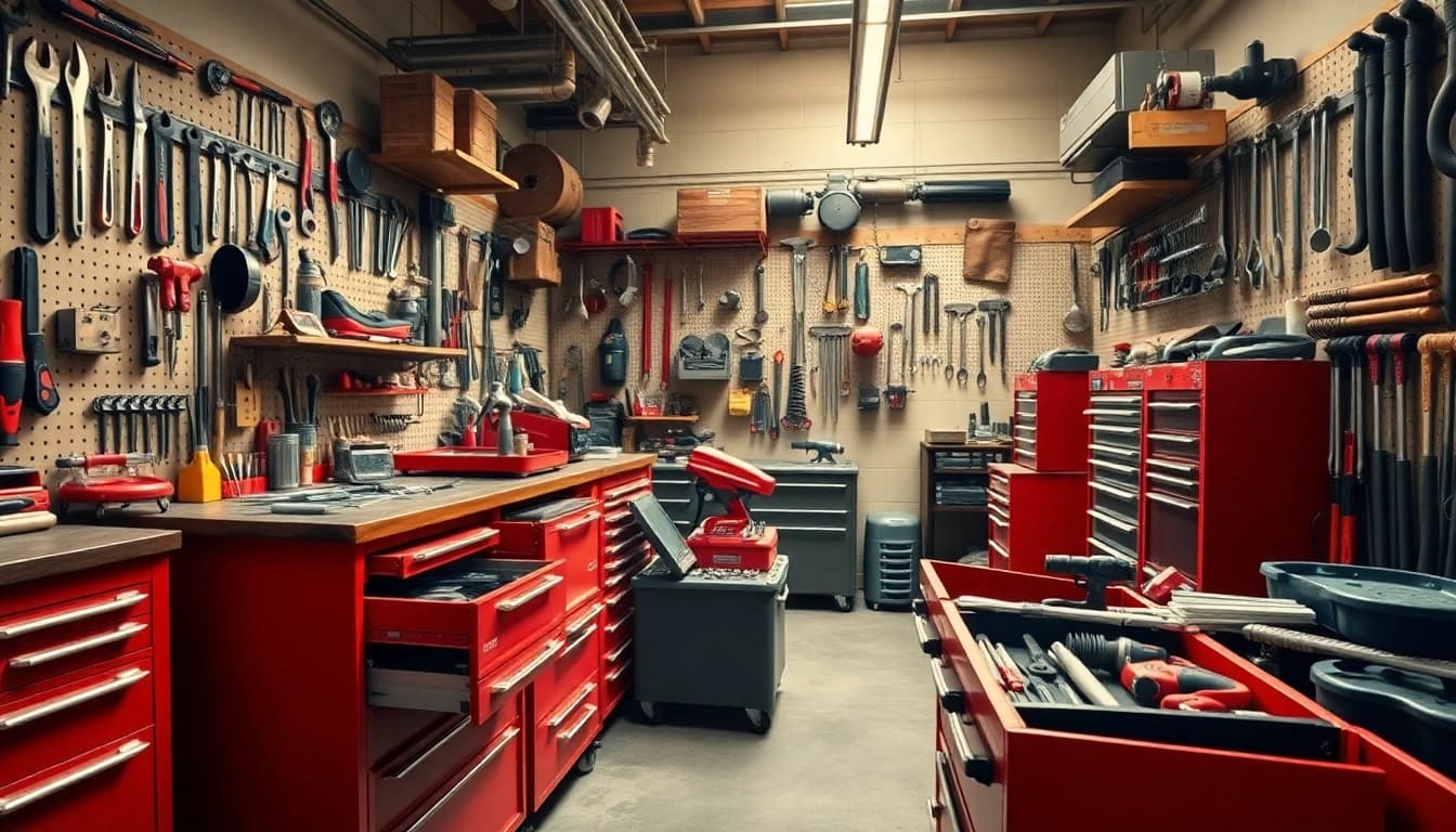 The Facom toolbox displays a variety of organized tools in a workshop setting, showcasing its durability and functionality.