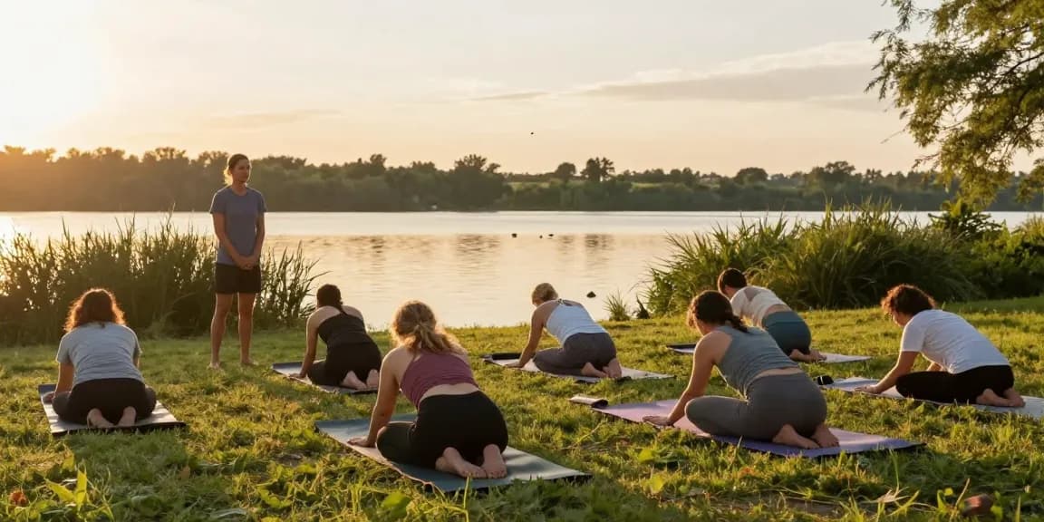 Experience yoga training at stefancamilleriyoga.com with sunset views over a tranquil lake.
