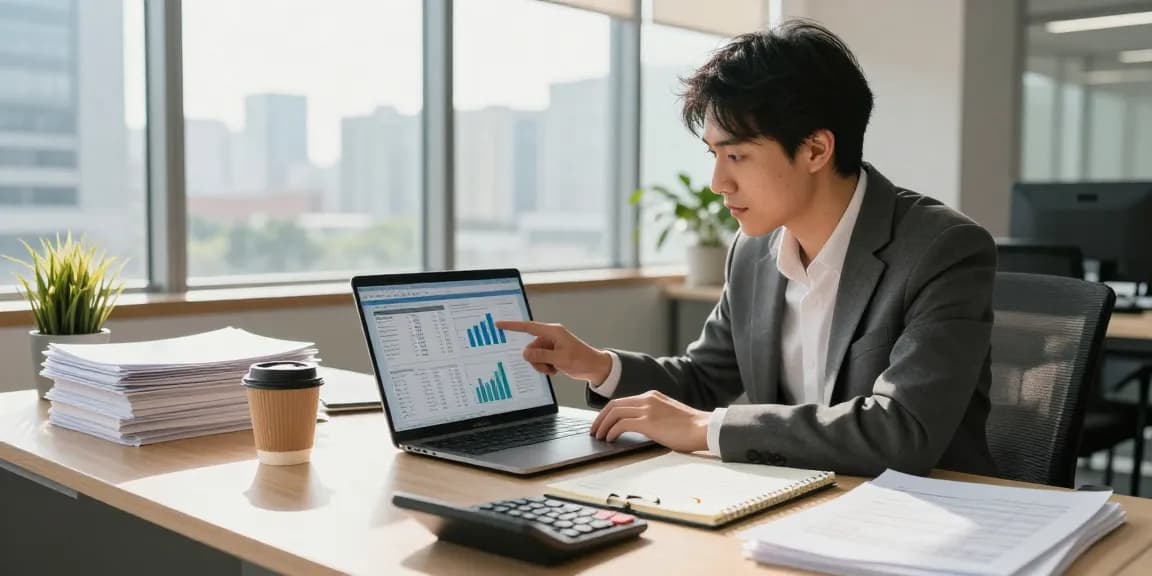 Analisis keuangan oleh auditor forensik di aafikotasurabaya.org dengan data dan dokumen di meja.