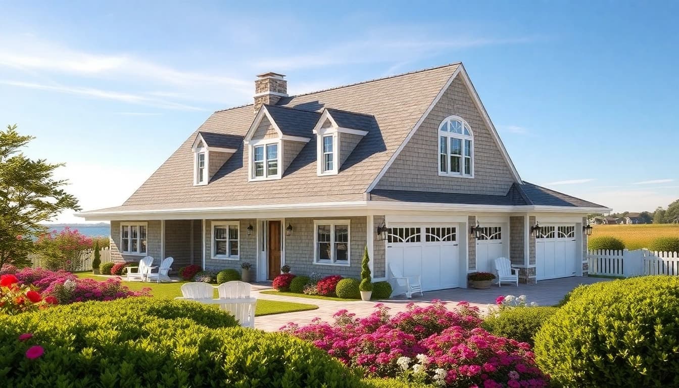 Explore the elegant facade of a cape cod home with attached garage amidst a vibrant garden setting.