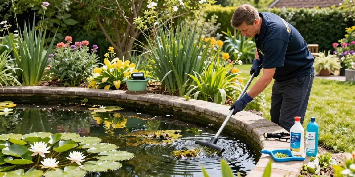 Pond cleaning Essex: technician removing debris and algae in a serene garden pond setup.