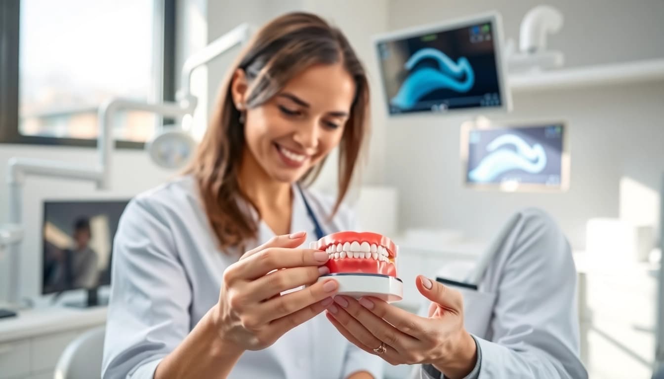 Consultation in orthodontics edmonton with expert examining a dental model.
