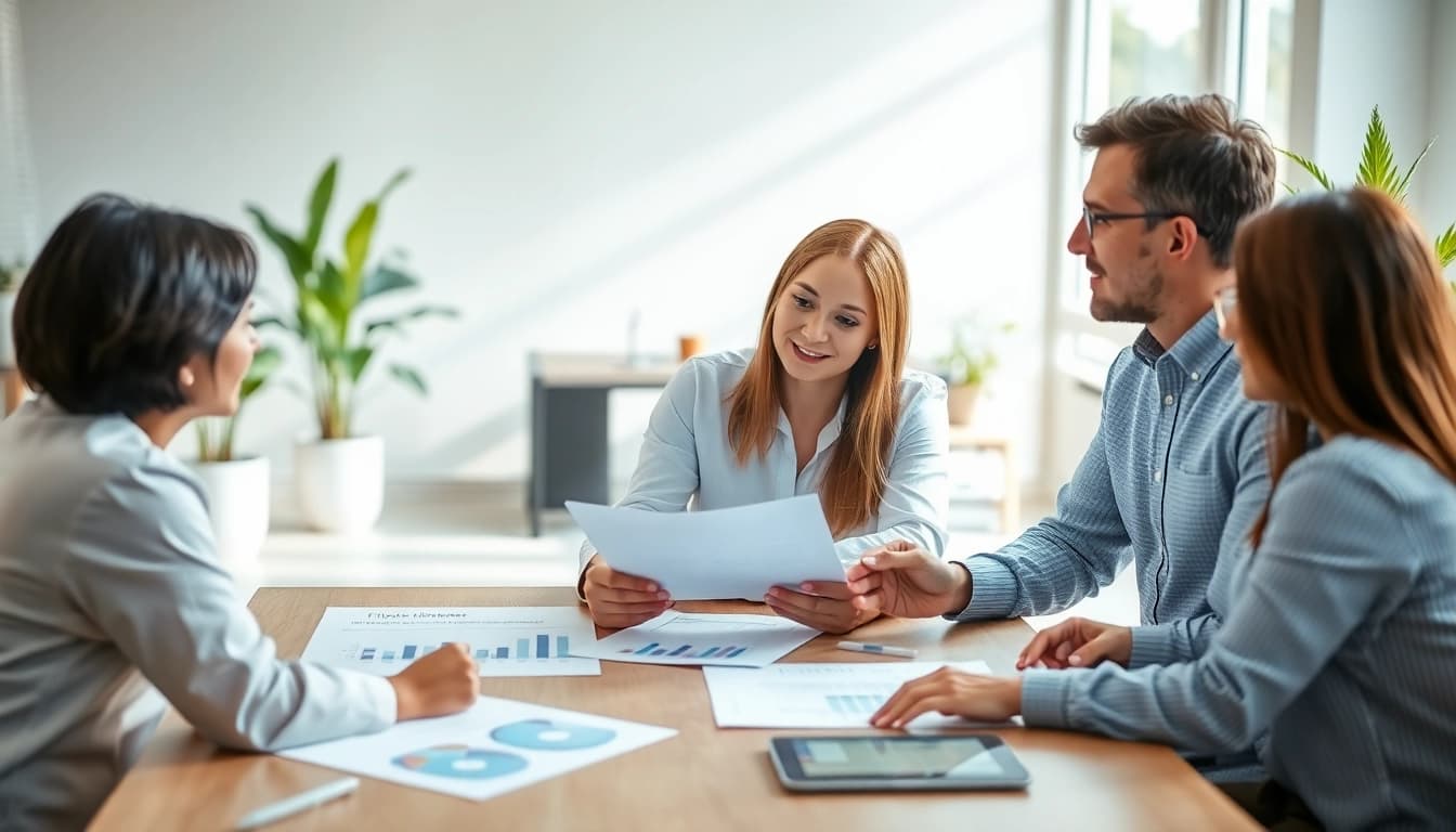 Consultant discussing financing options with clients in a modern office.