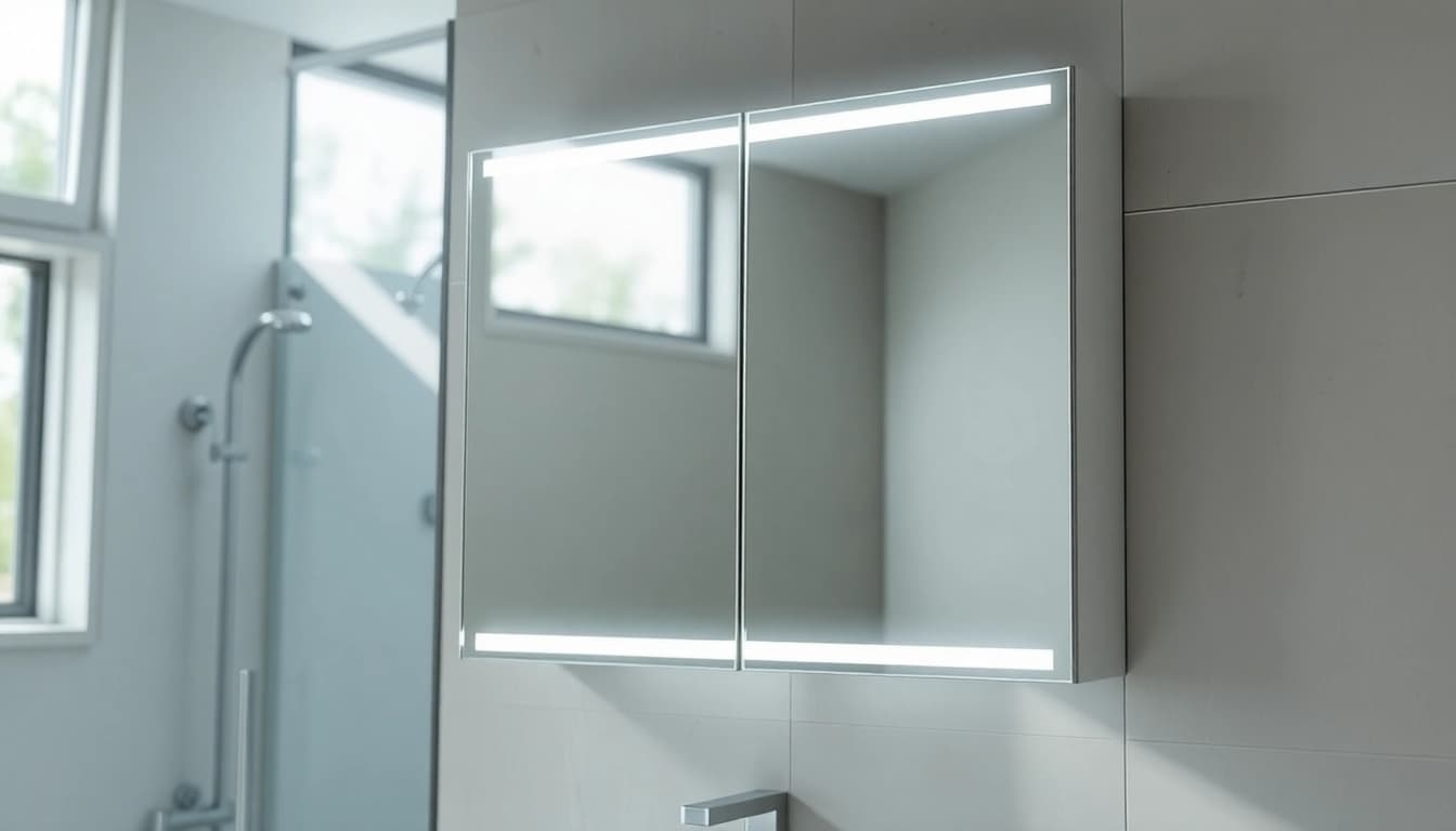 Bright mirrored bathroom cabinet with light reflecting modern style in contemporary setting.