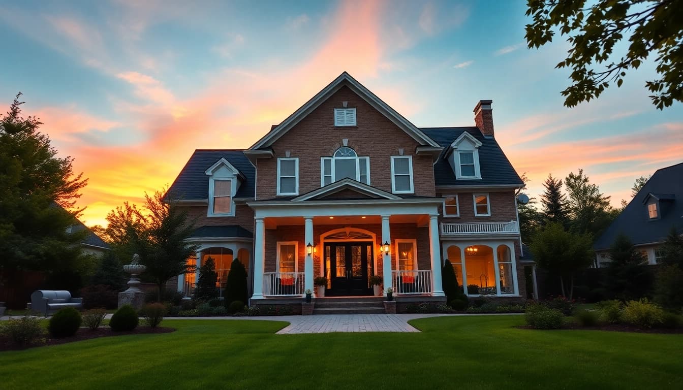 Showcase of Sharon Custom Colonial New Build highlighting its elegant architecture and lush surroundings.