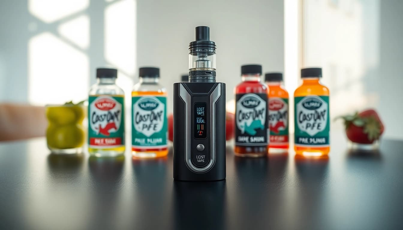 Showcasing the Lost Vape Orion device with colorful vape juices, emphasizing sleek design.