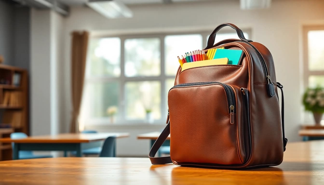 Praktische Handtasche für Schulen mit Schulmaterialien auf einem Tisch.