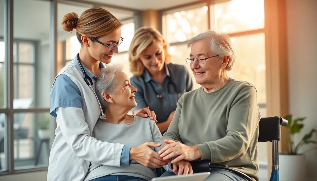Senior physiotherapist providing care to an elderly patient in Edmonton's clinic, promoting healing and mobility.