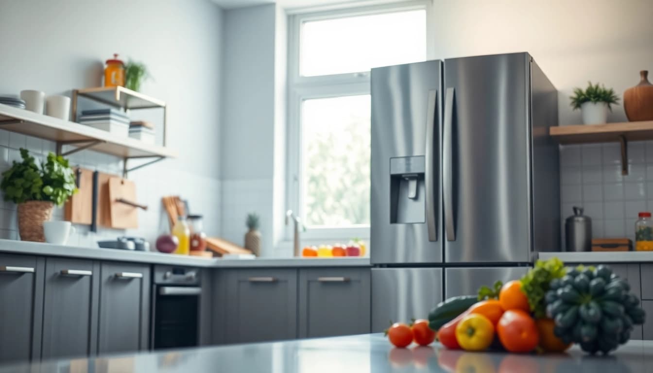 Modern refrigerator in a bright kitchen highlighting its sleek design and fresh food.