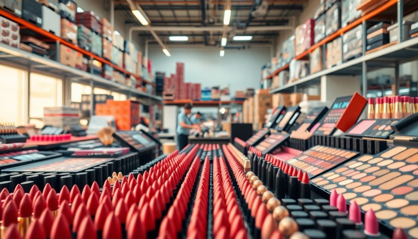 Wholesale makeup suppliers featuring an organized warehouse of diverse cosmetics ready for shipment.