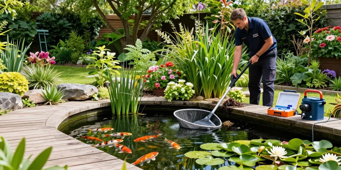 Pond Clean London: Professional maintaining a vibrant backyard pond in a serene London garden.