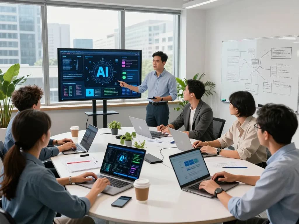 Team collaborating on innovative AI solutions in modern office environment, emphasizing dynamic teamwork and creativity in technology.
