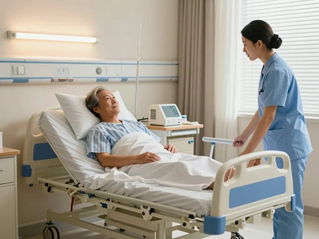 giường bệnh nhân in a hospital room with a nurse assisting an elderly patient, showcasing comfort and care.
