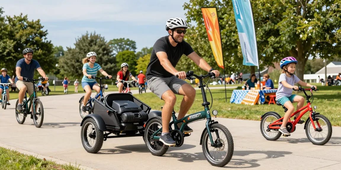 Happy riders showcasing the best electric tricycles in a vibrant park setting, emphasizing joy and family fun.