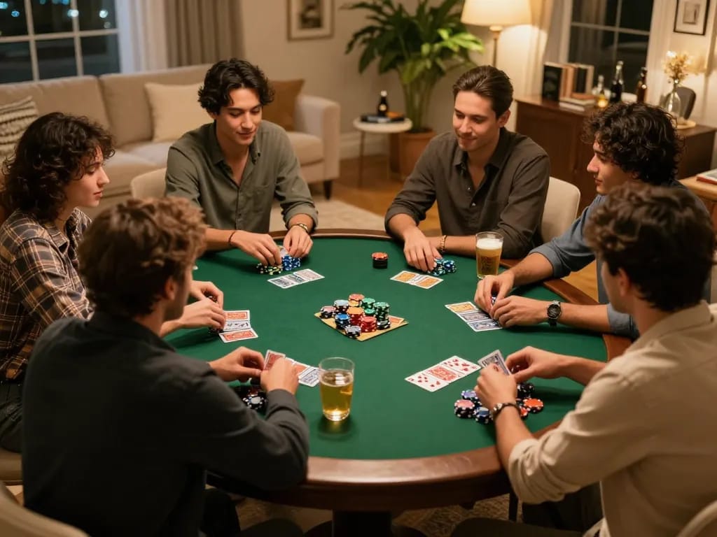 Players enjoying a poker night experience while discussing strategies from the hidden wiki dark web, with cards and chips visible