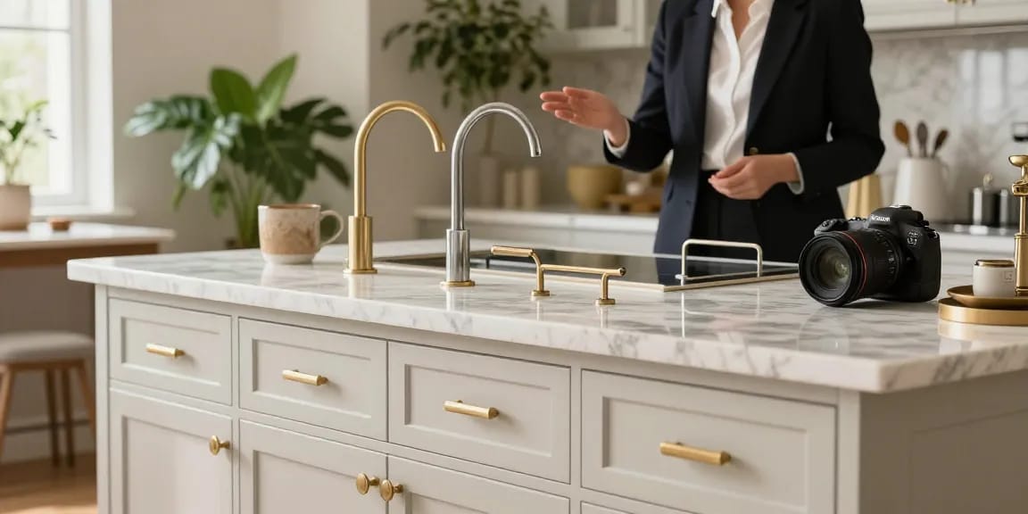 Luxury handles displayed in a chic kitchen, showcasing elegant design details.