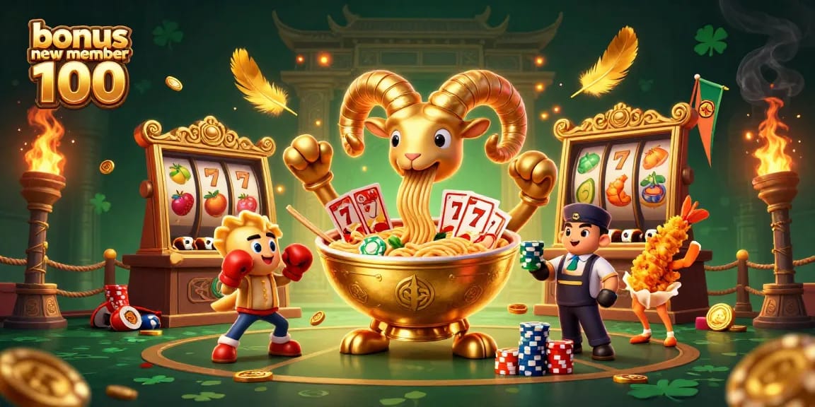Engage with bonus new member 100 slots excitement featuring a dynamic golden ramen bowl, gyoza, and sushi dealers.