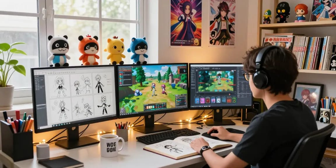 Dynamic creative workspace showcasing ecchi games development with character designs and vibrant art supplies.