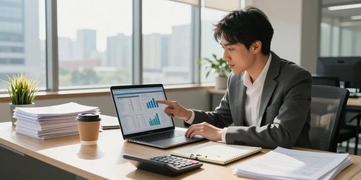 Analisis keuangan oleh auditor forensik di aafikotasurabaya.org dengan data dan dokumen di meja.