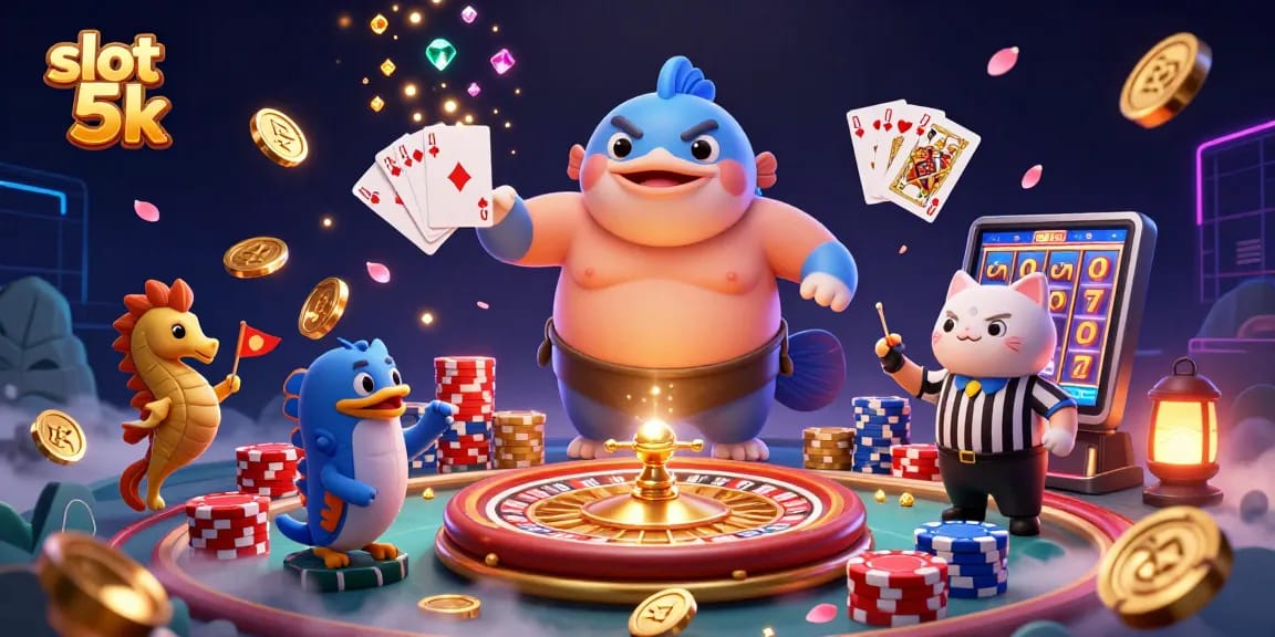 Engage in exciting gameplay at slot 5k with a massive fugu fish in a sumo belt, glittering coins, and vibrant poker chips.