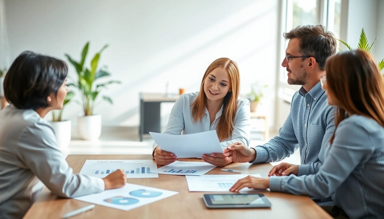 Consultant discussing financing options with clients in a modern office.