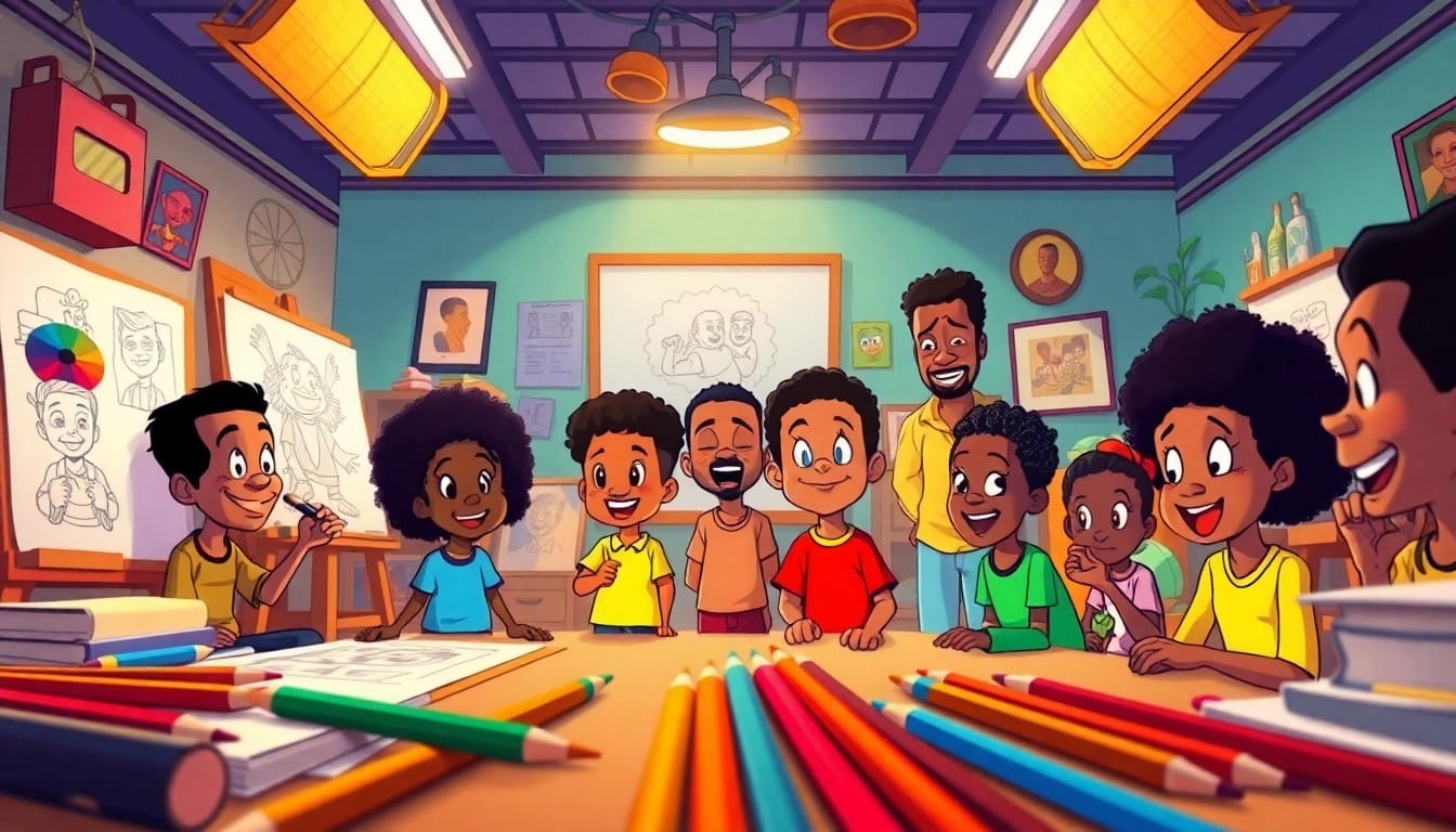 A colorful depiction of African American cartoons showcasing iconic characters like Huey and Riley Freeman, highlighting diversity and creativity in animation.