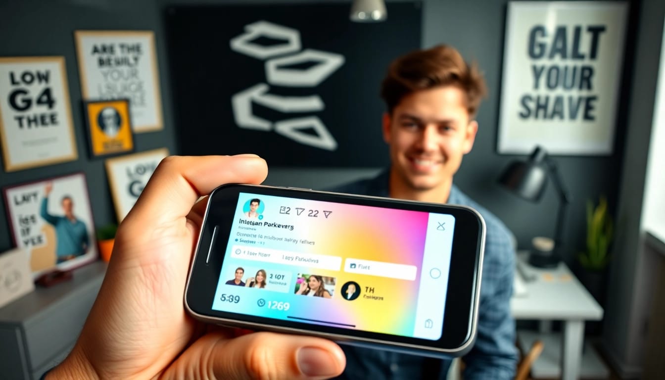 インスタ フォロワー購入 おすすめを見せるスマートフォンを持つ若い起業家の画像