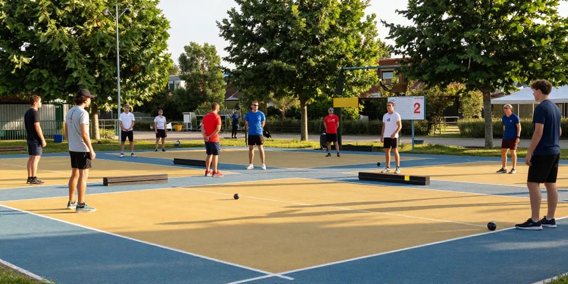 Aktivitas petanque di fopikotabanjarma.org dengan pemain melempar boule di lapangan yang dikelilingi penonton.