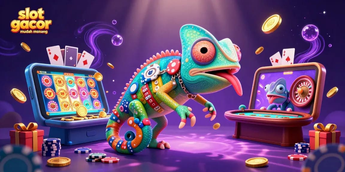 Slot gacor mudah menang dengan chameleon kasino yang mengawasi meja permainan.