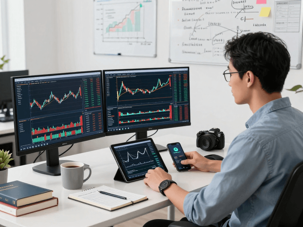 在TradingView官网上，交易者在现代办公环境中专注于多个市场图表和实时分析。