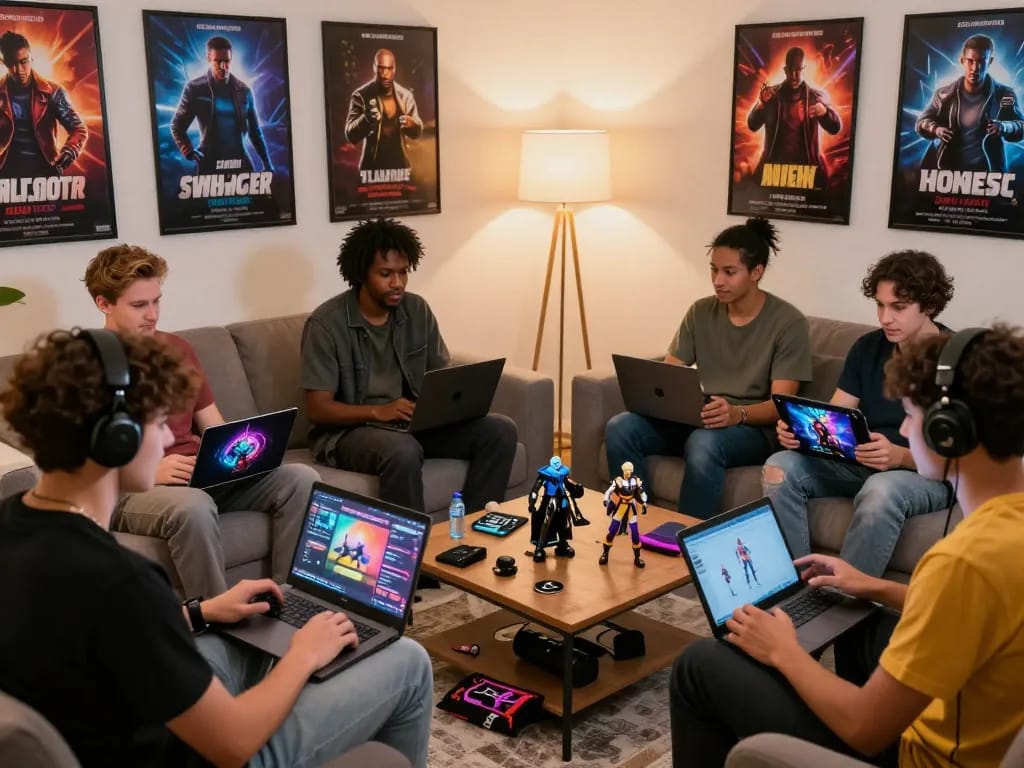 Players enjoying a cozy gaming night with porn games online, engaging with tablets and laptops.