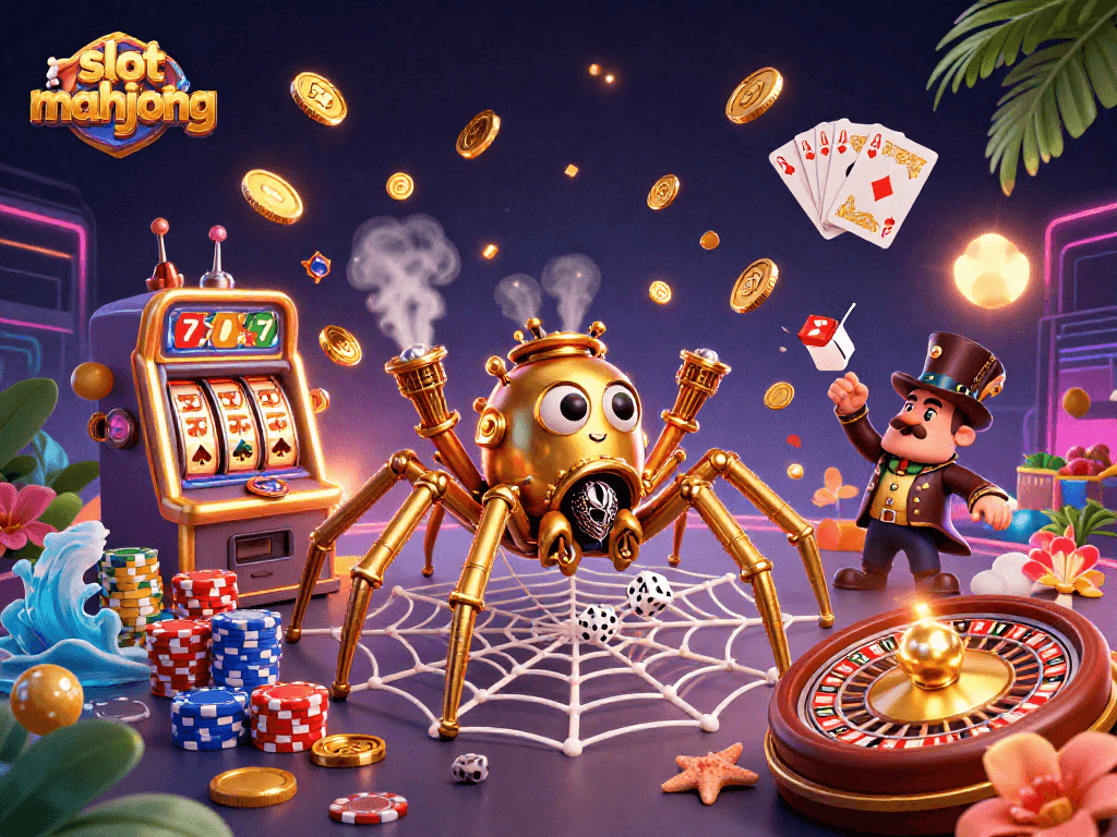 Menangkan slot mahjong dengan karakter kartun 3D mengelilingi chip poker dan koin emas.