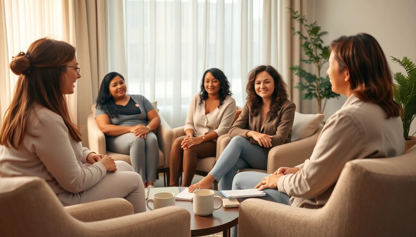Illustration of depression symptoms discussed in a therapy session, showcasing emotional support.