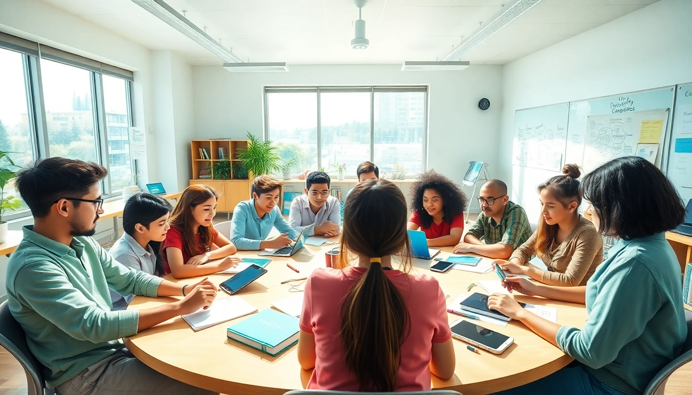 Engaged students collaborating in a modern classroom focused on education.
