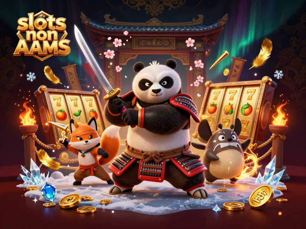 Gioca a slots non AAMS con il panda samurai e il ninja volpe in un'illustrazione d'azzardo dinamica.
