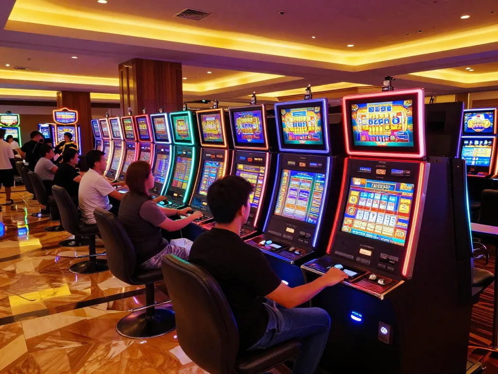 Players engaged with slot machines in vibrant casino, showcasing excitement and gameplay strategies