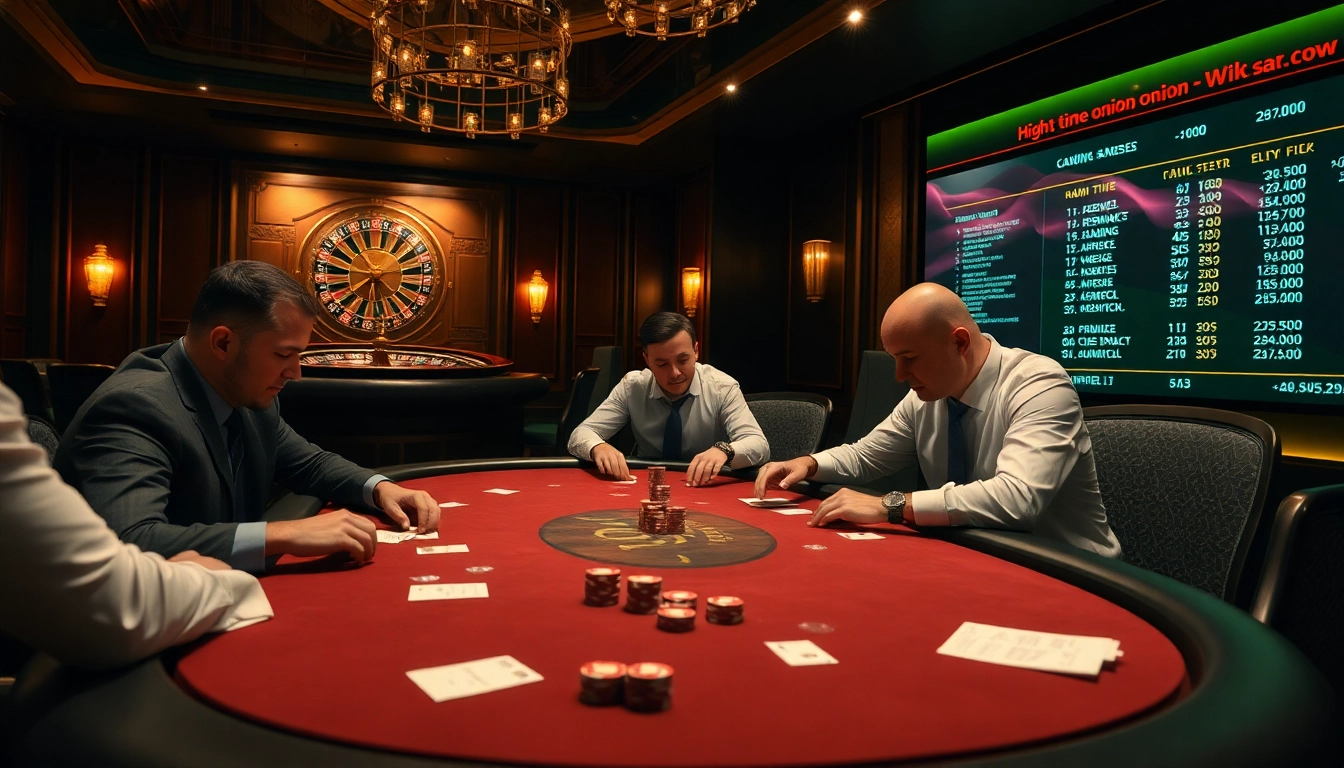 The thrill of high-stakes poker at a luxurious casino table, featuring hidden wiki onion elements showcasing strategic gambling.