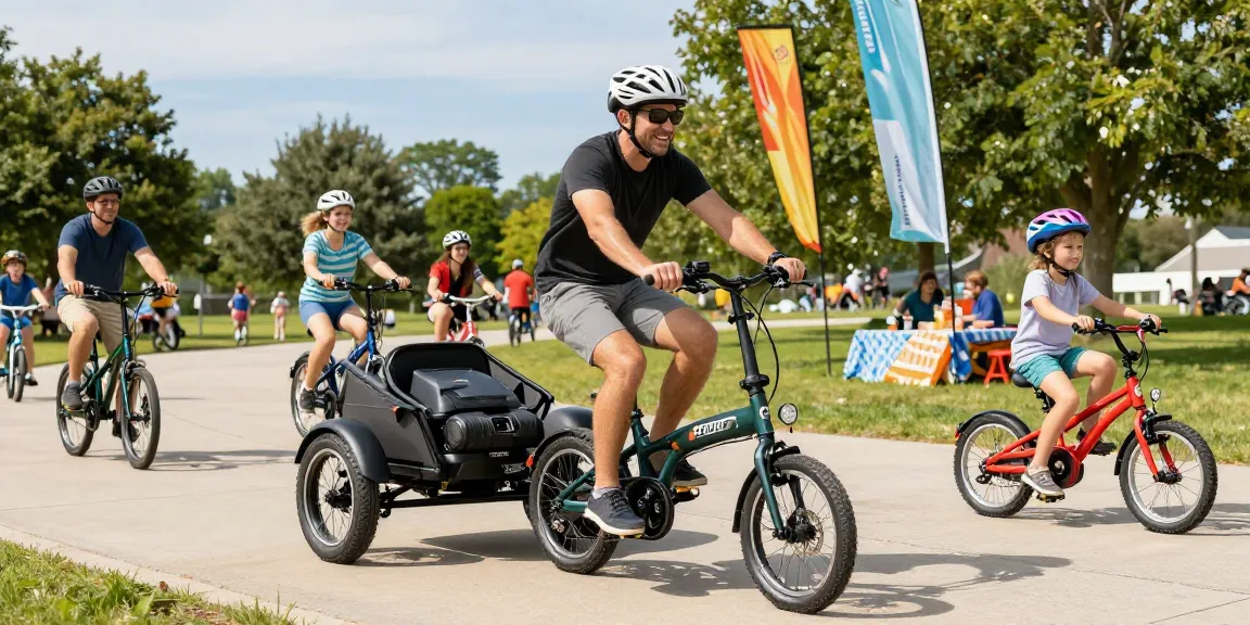 Happy riders showcasing the best electric tricycles in a vibrant park setting, emphasizing joy and family fun.