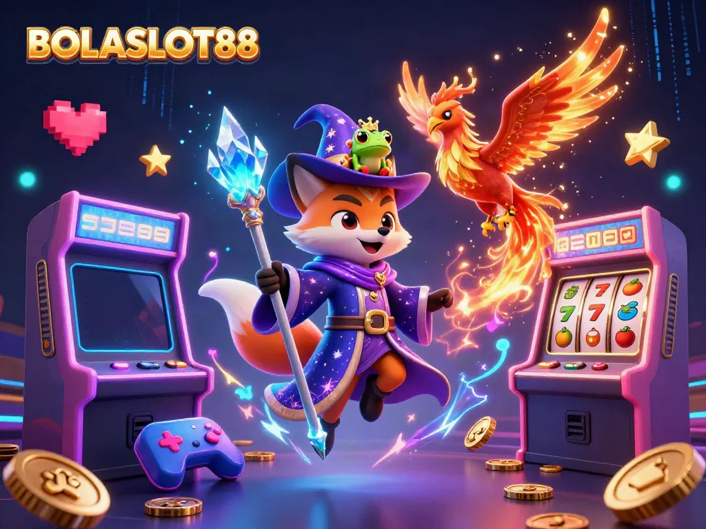 BOLASLOT88 wizard fox with phoenix and enchanted frog in a vibrant gaming scene.