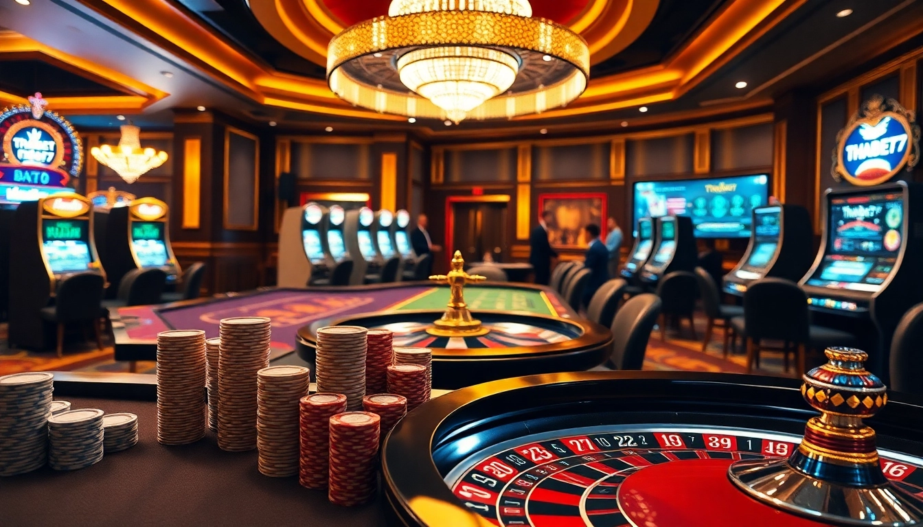 Experience Thabet77's vibrant casino atmosphere with poker chips, roulette wheels, and digital interfaces.