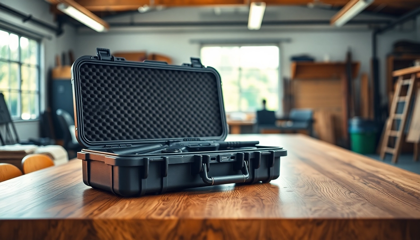 Showcasing the pelican rifle case with its rugged design and organized interior in a well-lit workshop.