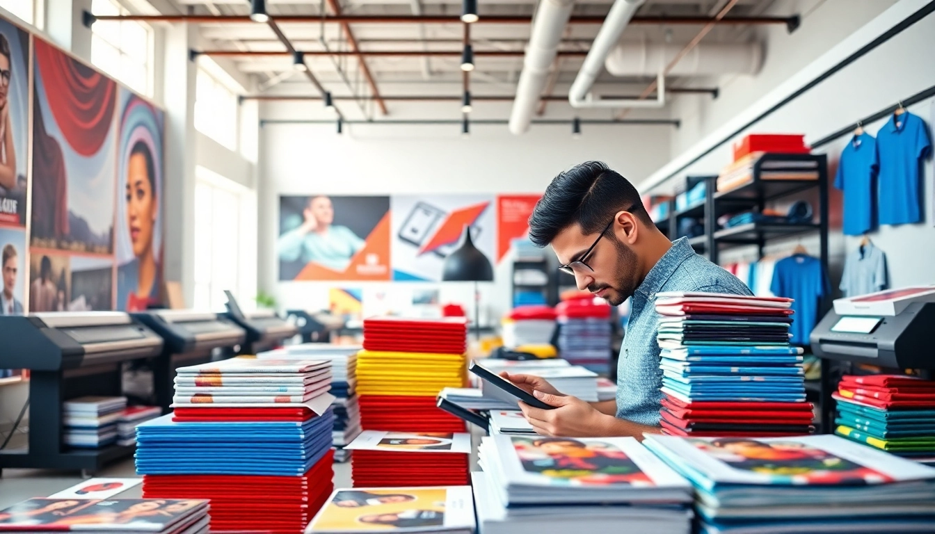 Custom print shop Edmonton showcasing diverse printed products and a designer at work.