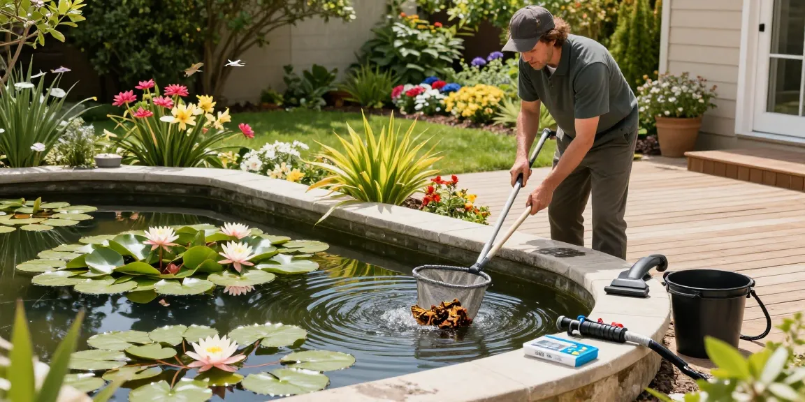 Pond Cleaning Essex expert using a net to clean a vibrant residential pond surrounded by aquatic plants and a sunlit garden.
