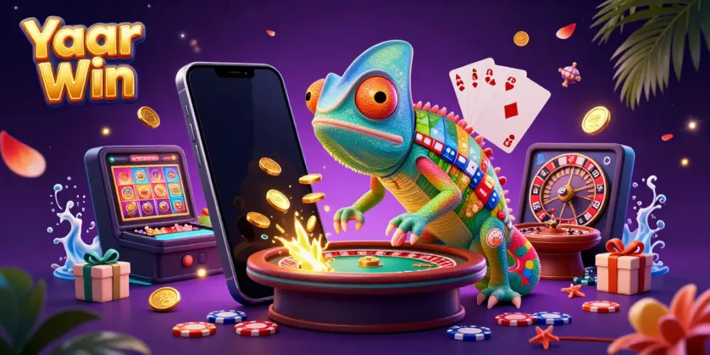 Experience Yaar Win with dynamic fun as a colorful chameleon casino owner interacts with games and prizes.