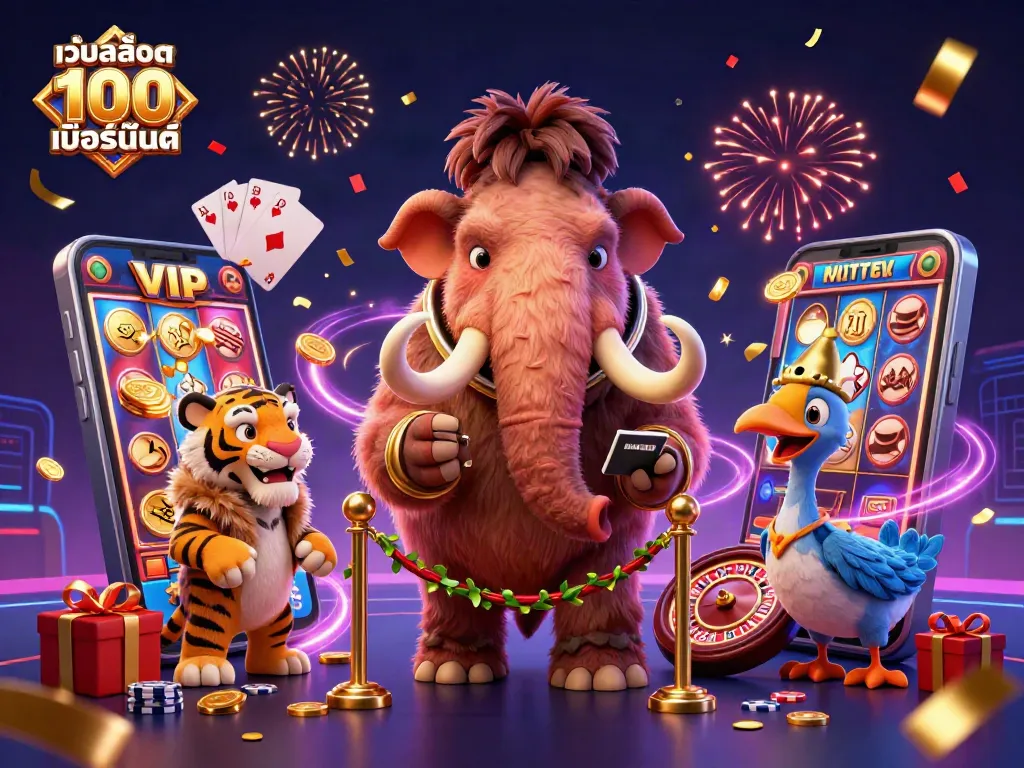 ภาพการ์ตูน 3D ที่แสดง เว็บสล็อต แท้ 100 เปอร์เซ็นต์ กับสัตว์โบราณที่ทำหน้าที่บouncer ในคาสิโน