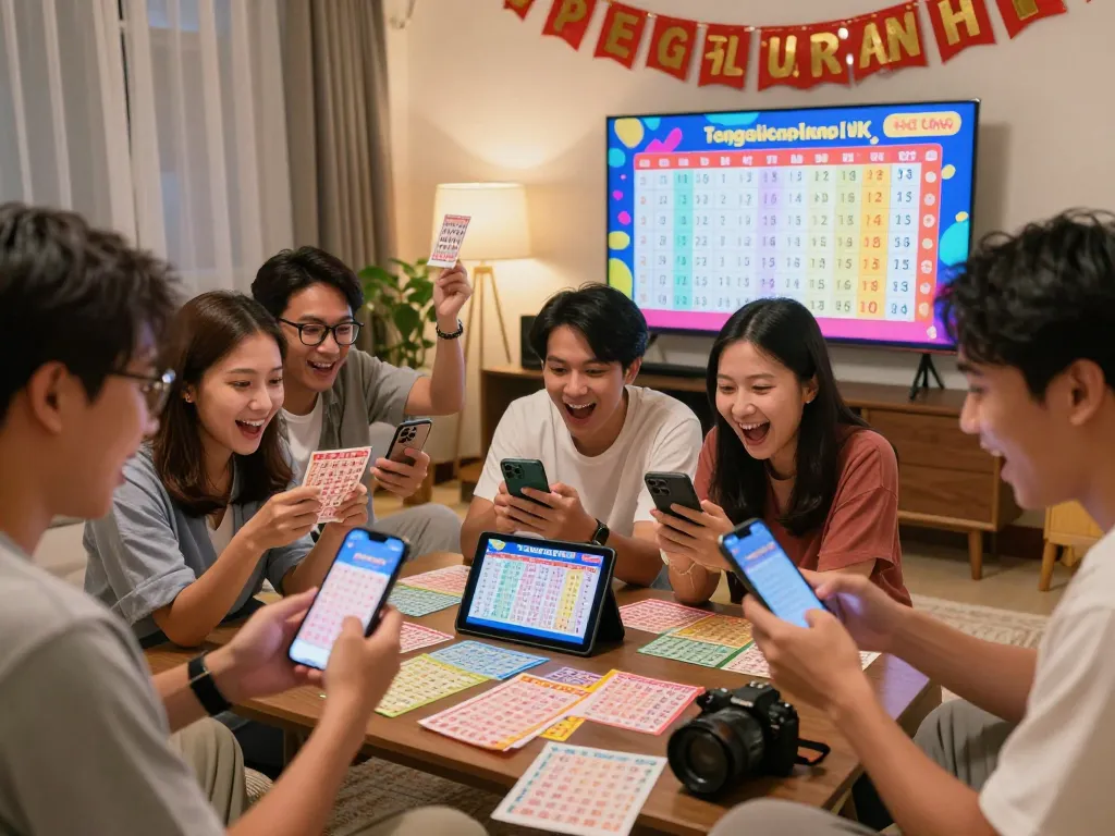Engaged players checking Pengeluaran HK results in a festive living room atmosphere, celebrating the latest Togel Hongkong draw.