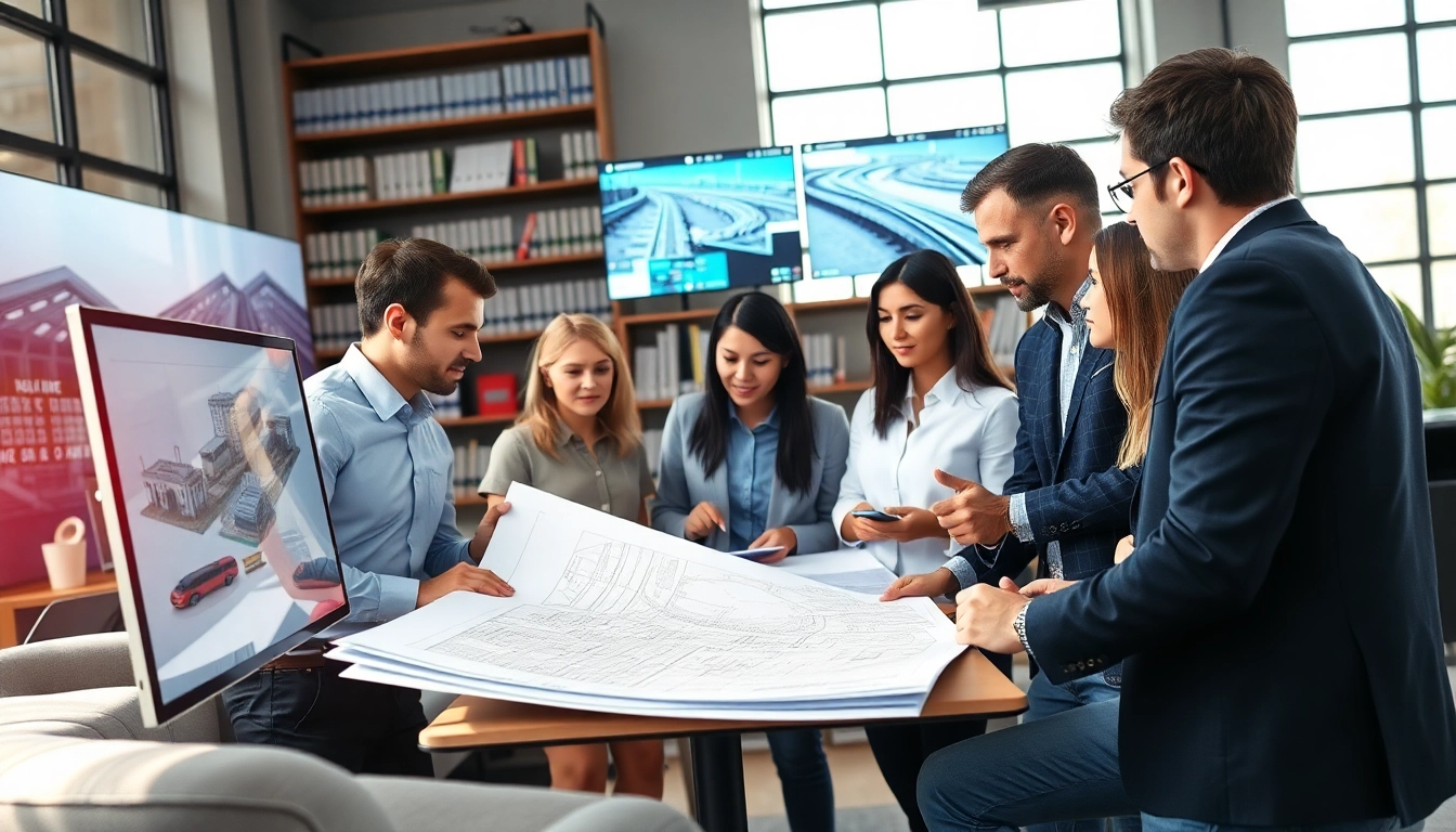 Team of Railroad Design Consultants collaborating on innovative rail projects in a modern office.