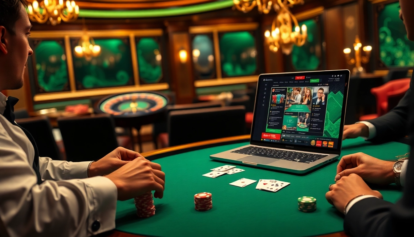 Une partie de poker captivante sur un site de casino en ligne, mettant en vedette des joueurs élégants, des cartes haut de gamme et une ambiance de casino dynamique.