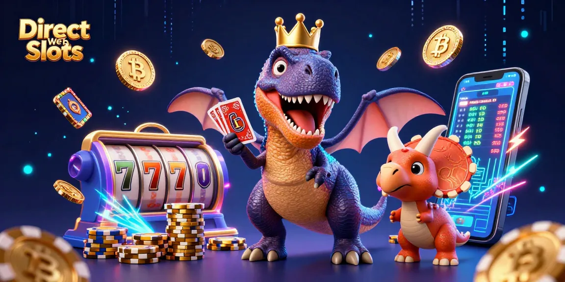 Experience Direct Web Slots with a vibrant 3D scene featuring cartoon dinosaurs, slot reels, and crypto elements.